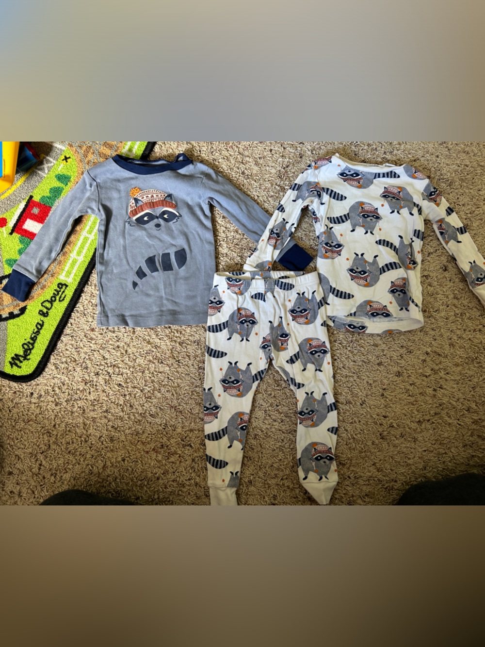 Raccoon Print Kids Pajama Set - Blue & Cream